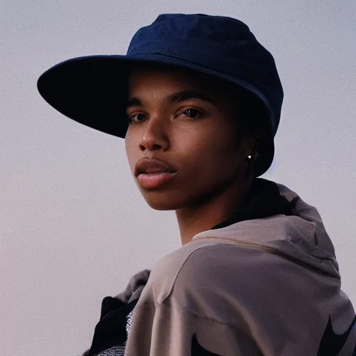 Prompt: realistic photoshooting for a new nike acg lookbook, color film photography, portrait of a beautiful woman, model is wearing a bucket hat, photo in style of tyler mitchell, 3 5 mm,