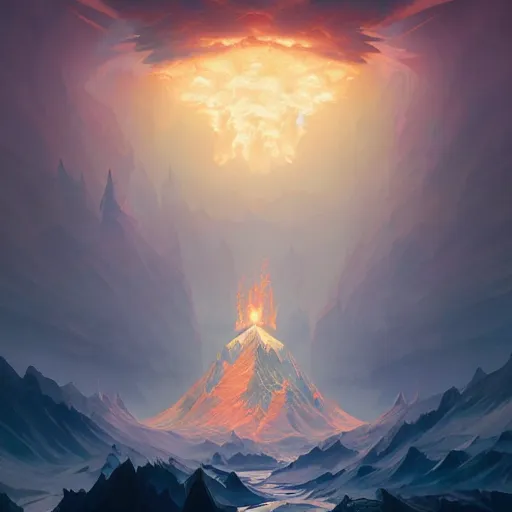 Image similar to mountain reaches into the sky, huge daragons breathing ice and fire by peter mohrbacher and dan mumford and nekro, cgsociety, volumetric light, 3 d render