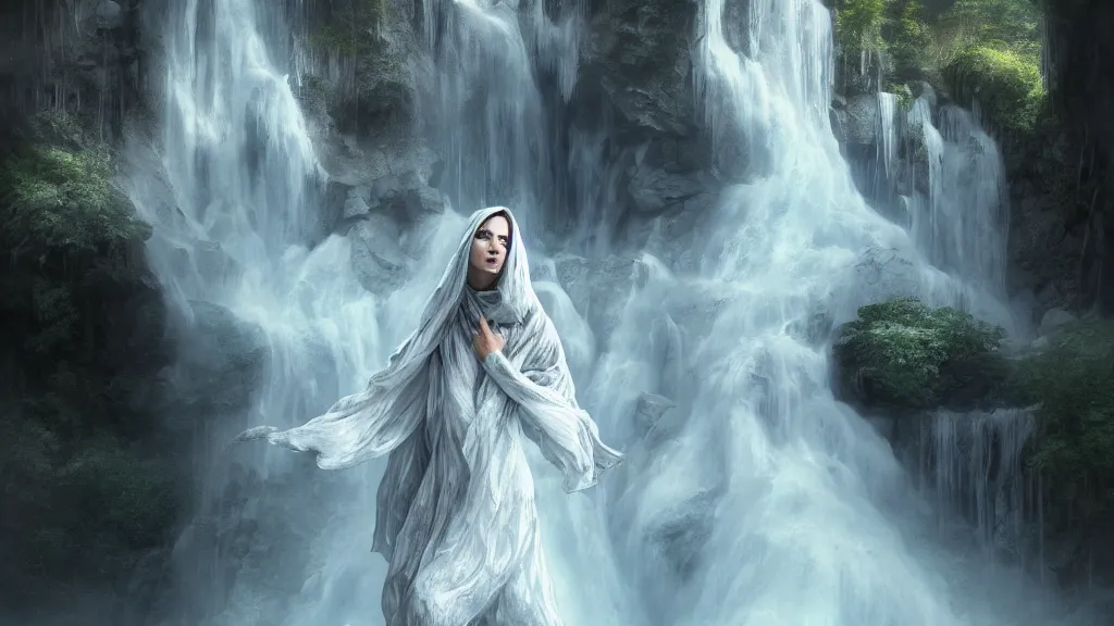 Image similar to ghost!!! made of transparent cloth, medium shot, ((waterfall in the background)), hyperdetailed, artstation, cgsociety, 8k