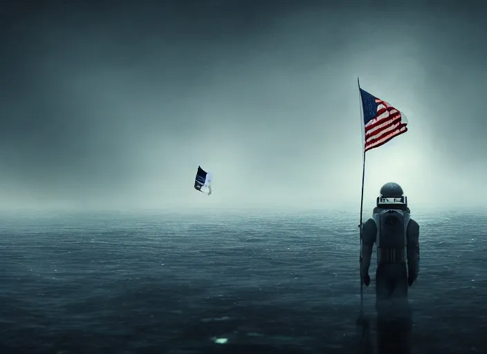 Image similar to astronaut holding a flag in an underwater desert. a submarine is visible in the distance. dark, concept art, cinematic, dramatic, atmospheric, 8 k, trending on artstation, blue, fish, low visibility, fog, ocean floor, christopher nolan, interstellar