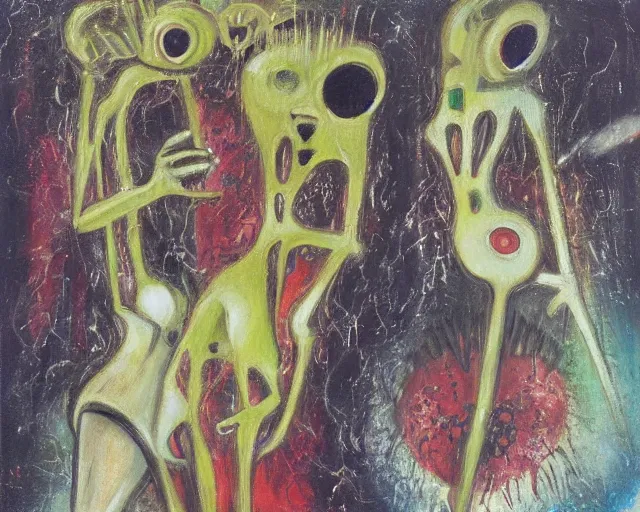 Prompt: Oil painting by Roberto Matta. Strange mechanical beings kissing. Portrait by Yoshitomo Nara.