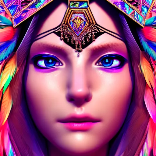 Image similar to portrait highly detailed beautiful symmetrical face high priestess intricate elegant detailed crystal jewellery with tribal feathers, lush colourful volumetric lighting, anime digital painting, concept art, smooth, sharp focus 3 d, divine realm of gods, realistic cinematic style, octane render, photographic, unreal engine 8 k