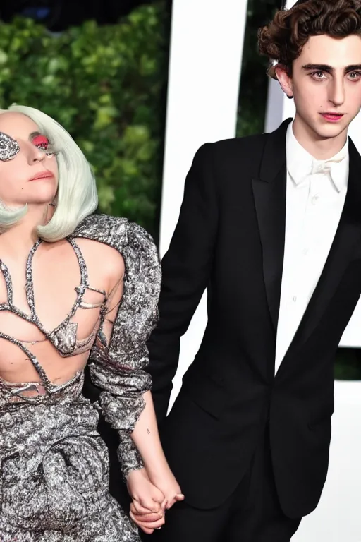 Image similar to timothee chalamet and lady gaga holding hands, beautiful detailed faces, canon eos, featured, flash lighting