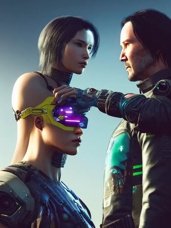 Image similar to a highly detailed photorealistic cyberpunk 2077 couple portrait of Keanu Reeves and female android,lots of electric cable behind,connected to giant computer,couple pose,love,fantasy, intricate, elegant,by Alex Horley and Greg Rutkowski,artstation,deviantart,FAN ART,Unreal Engine,Digital painting,face enhance,8K,golden ratio,cinematic lighting