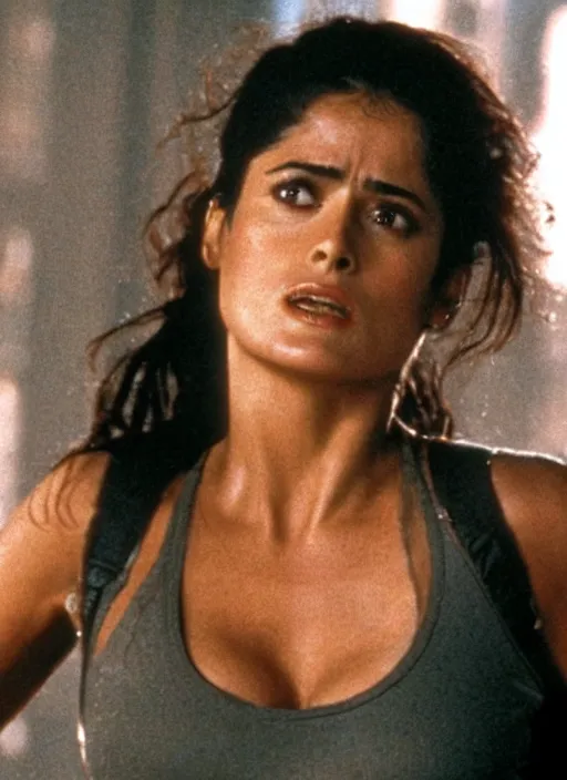 Image similar to film still of Salma Hayek as John McClane in Die Hard, 4k