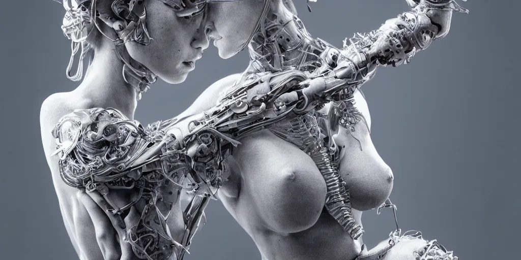 Prompt: hyper realistic photography of a stunningly beautiful cyborg female, elbow, plated arm, intimate, holding close, ribbons, in the style of beth cavener, jin kagetsu,, and wlop, highly detailed, intricate filigree, symmetry, masterpiece, award winning, sharp focus, concept art, highkey lighting, ambient lighting, octane render, 8 k, artstation