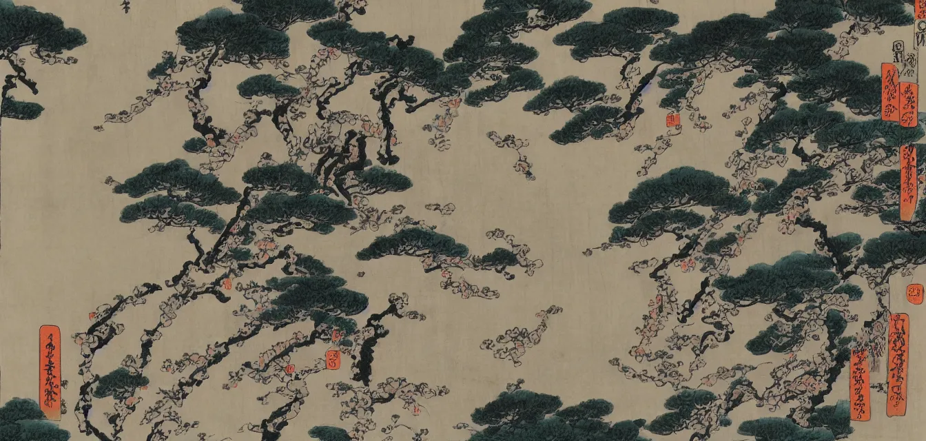 Image similar to sakuras, taoist monks and temples in huangshan, artwork by katsushika hokusai and utagawa hiroshige on old parchment