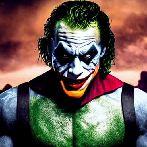 Image similar to the rock as the joker, movie still, d & d, fantasy, volumetric lighting, smooth lines, accurate, detailed