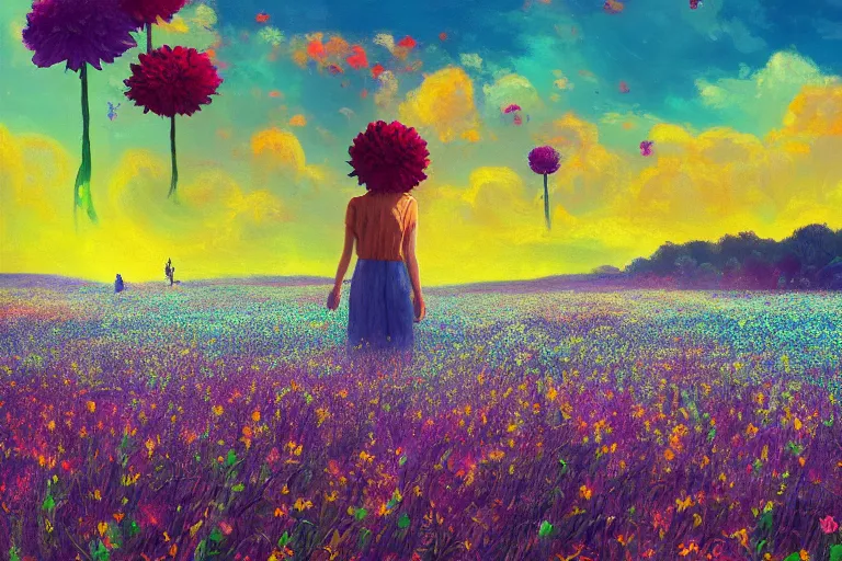 Image similar to closeup, giant flower head, girl in suit floating above field of flowers, surreal photography, sunrise, blue sky, dramatic light, impressionist painting, digital painting, artstation, simon stalenhag