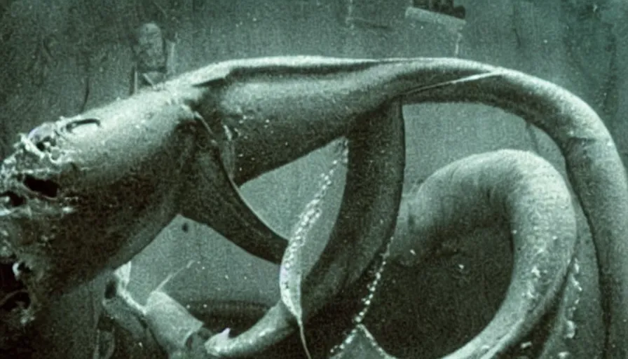 Image similar to Big budget horror movie where a giant squid is injected with radioactive mutation serum