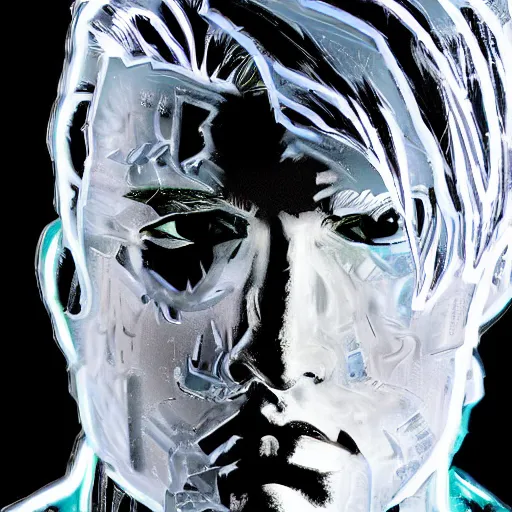 Image similar to man portrait made out of ice, beautiful, cyborg, comic book art, blond hair, neon