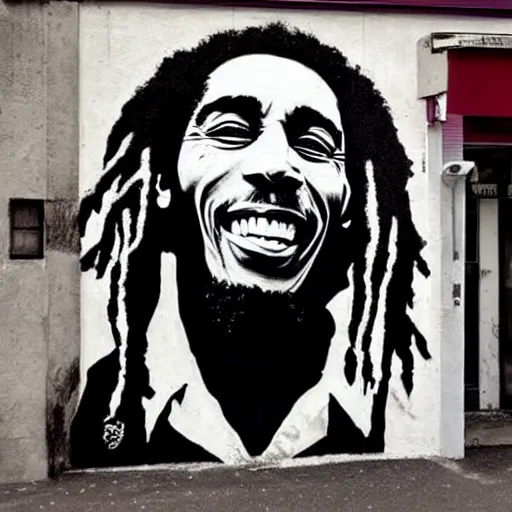 Image similar to Street-art portrait of Bob Marley in style of Banksy, photorealism