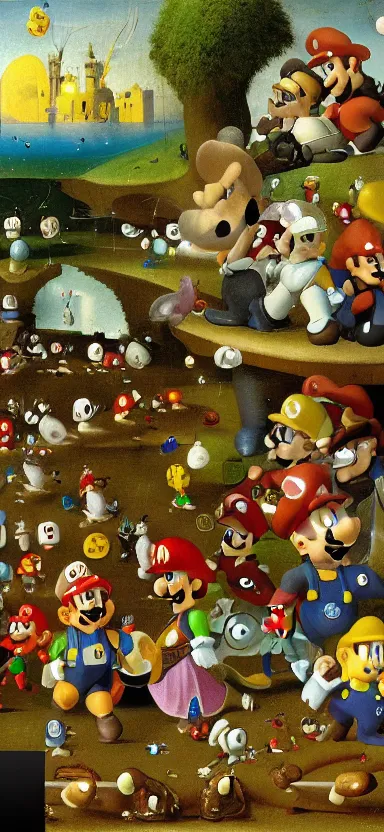 Prompt: detailed digital oil painting by hieronymus bosch of a scene from super mario bros