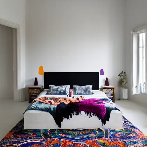 Image similar to Bedroom with Minimalistic Art on the walls, white furniture, Multi colored Mandala Rug, big windows with sunlight coming in