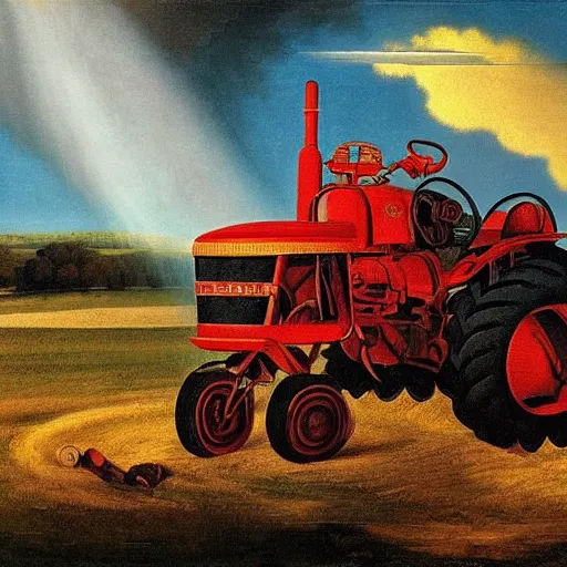 Prompt: a burning tractor over a rainbow as a baroque painting