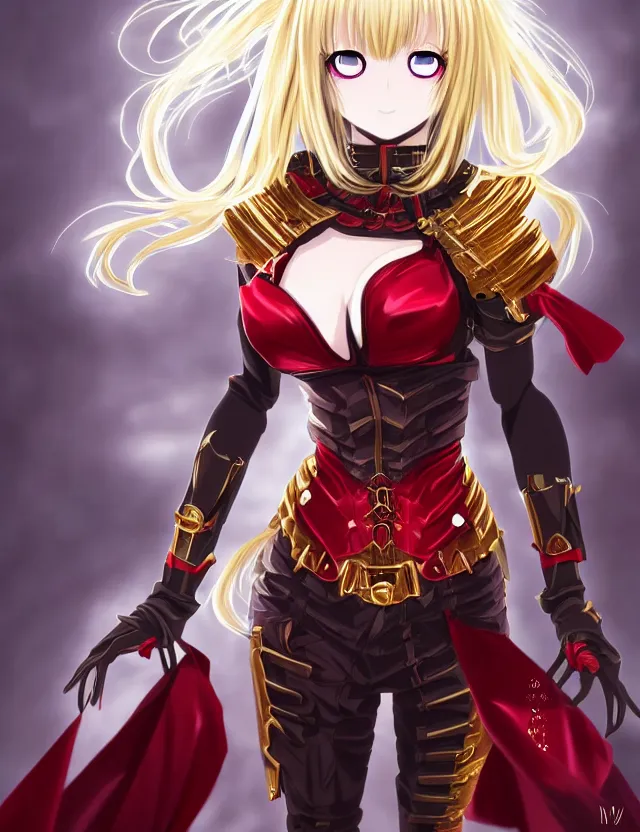 Prompt: an anime portrait of a blonde vampire girl with glowing red eyes in gold plated armour, trending on artstation, digital art, 4 k resolution, detailed, high quality, sharp focus, hq artwork, coherent, insane detail