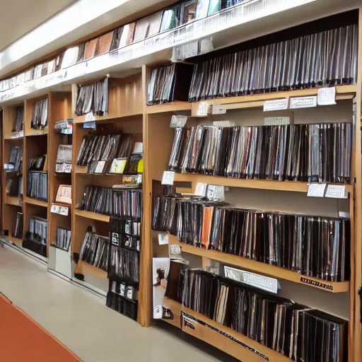 Prompt: photograph of the inside of a DVD shop, detailed