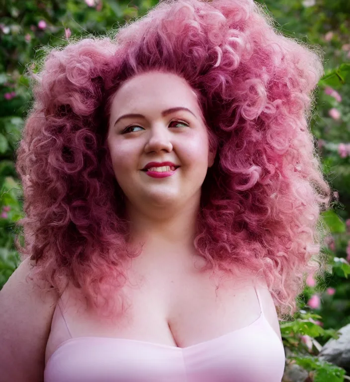 Image similar to a photograph of rose quartz from steven universe, portrait photography, 8 5 mm, iso 4 0 0, focus mode, detailed portrait, gigantic tight pink ringlets, huge curly pink hair, plus size, extremely beautiful and ethereal, warm smile, magical, white dress, pink diamond embedded in her navel, gorgeous, kind features, beautiful woman, flattering photo, daylight