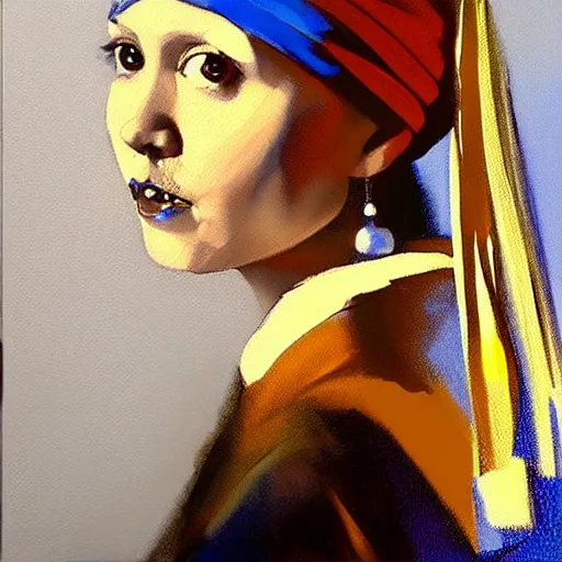 Prompt: greg manchess portrait painting of the girl with the pearl earring with the face of carrie fisher, medium shot, asymmetrical, profile picture, organic painting, sunny day, matte painting, bold shapes, hard edges, street art, trending on artstation, by huang guangjian and gil elvgren and gerald brom