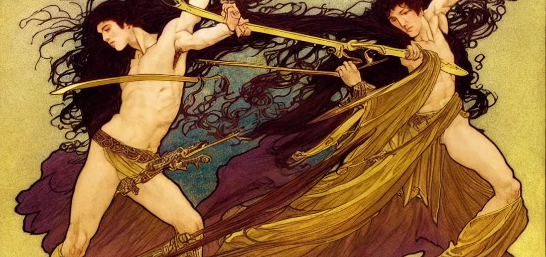 Prompt: a dual wielding golden swordsman leans back as he dances elegantly in the wind, his robes and long hair flowing in the breeze, his enemies lying on the ground below, fantasy, Mucha, MTG, Game of Thrones, salsa dancing, Rossetti, Millais, anatomically correct