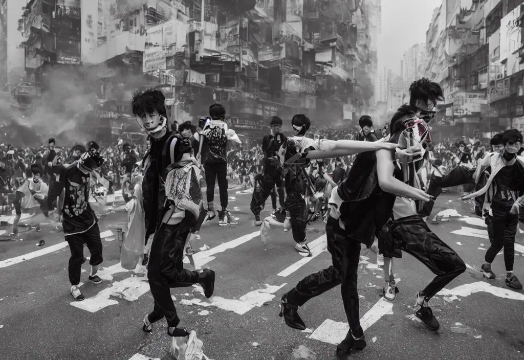 Image similar to fashion editorial in hong kong riot.