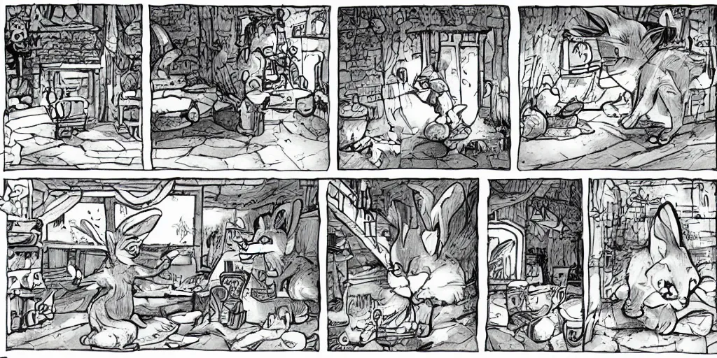 Image similar to antromorphic rabbit and cat dressed in cottagecore living in a cottage, the rabbit has a vegetable garden and the cat is fixing the roof, comic book art style, pictures in sequence, storyboarding, speech bubbles