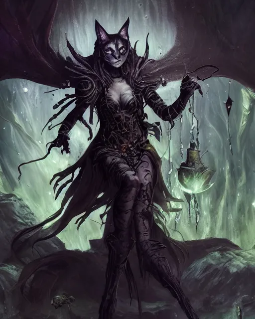 Image similar to Dark Cat Witch, Nurgle, magic the gathering artwork, D&D, fantasy, cinematic lighting, centered, symmetrical, highly detailed, digital painting, artstation, concept art, smooth, sharp focus, illustration, volumetric lighting, epic Composition, 8k, art by Akihiko Yoshida and Greg Rutkowski and Craig Mullins, oil painting, cgsociety