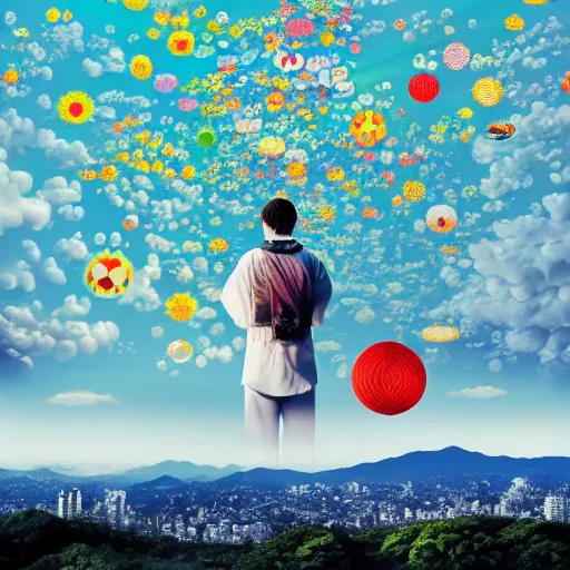 Image similar to a man walking on clouds away from the camera above kyoto by takashi murakami, beeple and james jean, aya takano color style, 4 k, super detailed, modern, 4 k, symmetrical