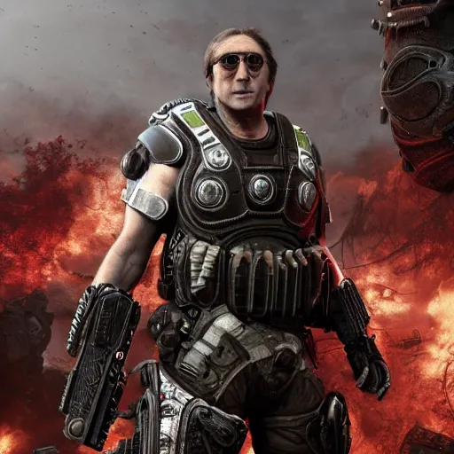 Image similar to john lennon in gears of war, covered in blood, ultra realistic, concept art, intricate details, highly detailed, photorealistic, octane render, 8 k, unreal engine, art by frank frazetta, simon bisley, brom