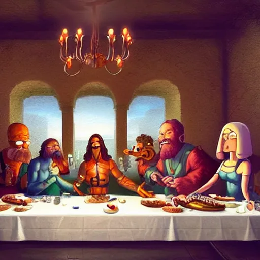 Image similar to Futurama characters at the Christ's last supper. Perfect composition. Very very beautiful digital art in style of Greg Rutkowski, intricate stunning texture and details, fine detailed face. Trending on artstation. Dramatic lighting