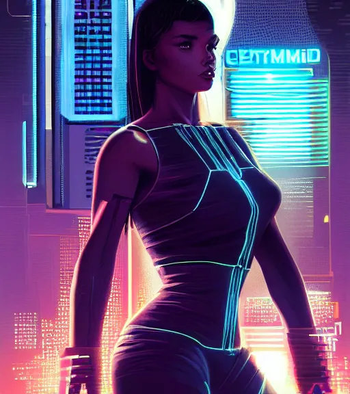 Image similar to cable plugged in, side of head, very very beautiful woman, cyberdeck computer terminal, street level night city, 1 9 7 9 omni magazine cover, style by vincent di fate, artgerm, cyberpunk 2 0 7 7, very coherent, detailed, 4 k resolution, unreal engine, daz