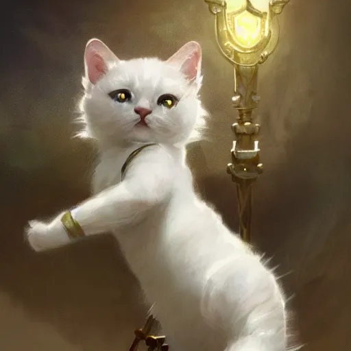 Prompt: A cute heraldic white kitty cat queen posing with one paw raised in the air, D&D, fantasy, intricate, cinematic lighting, highly detailed, digital painting, artstation, concept art, smooth, sharp focus, illustration, art by Akihiko Yoshida, Greg Rutkowski and Alphonse Mucha