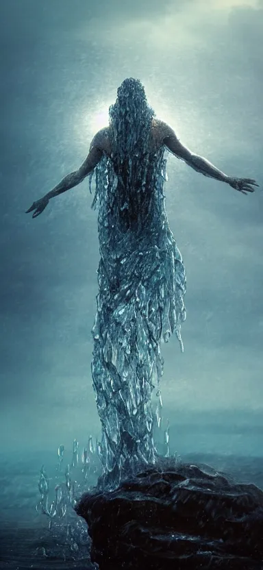 Prompt: creature made of water, made of liquid, rising up from ocean, water armor, high detail, high contrast, medium close up portrait, studio lighting, stormy seas, beautiful, bokeh, snowy, storm clouds, god rays, d & d, fantasy, elegant, aquamarine color palette, concept art, roger deakins and greg rutkowski and alphonse mucha