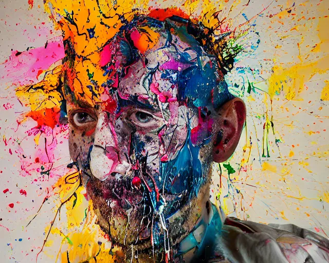 Image similar to abstract expressionist portrait of a head made of very thick impasto paint and acrylic pour and coloured powder explosion and splashing paint and dripping paint and flying paint chunks, eyes closed or not visible, expressing strong emotions, art by antony micallef, motion blur, hyperrealistic, intricate art photography, anatomically correct, realistic crisp textures, 1 6 k