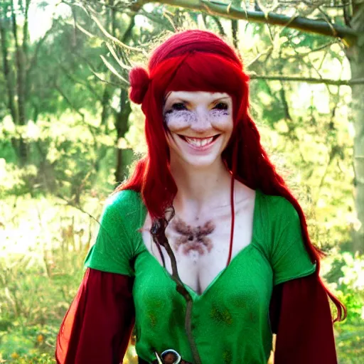 Image similar to elf druid, feminine, smiling, freckles, green eyes, red hair, tall