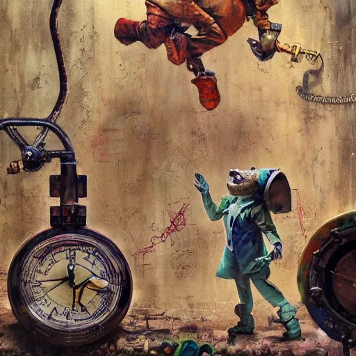 Image similar to Graffiti Spraypaint A gnome gnome riding a steampunk automaton clockwork golem golem jim lambie norman rockwell greg rutkowski alberto sughi elina brotherus robert rauschenberg tombow