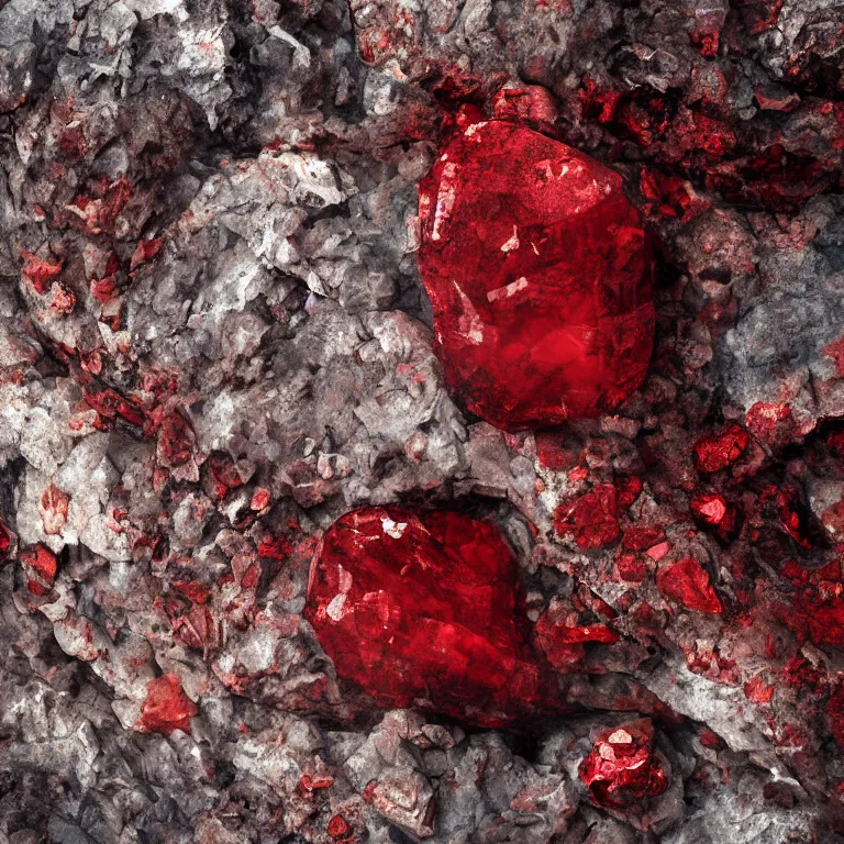 Image similar to big red ruby crystal gems embedded in rock, worn decay texture, intricate concept art painting, fantasy, nature grotesque dark