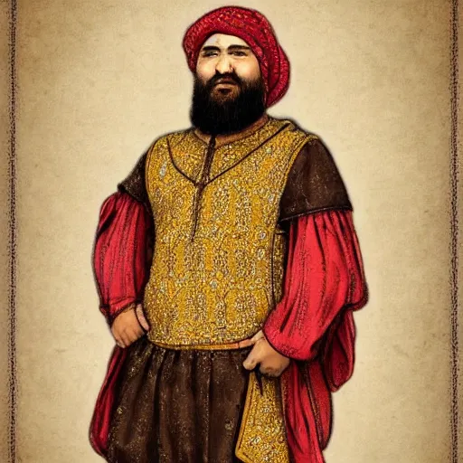Prompt: middle ages middle eastern colored clothing, middle aged man, dark complexion, well trimmed beard, 3 / 4 portrait, head, shoulder, knees, toes, rembrandt art style, realistic art style