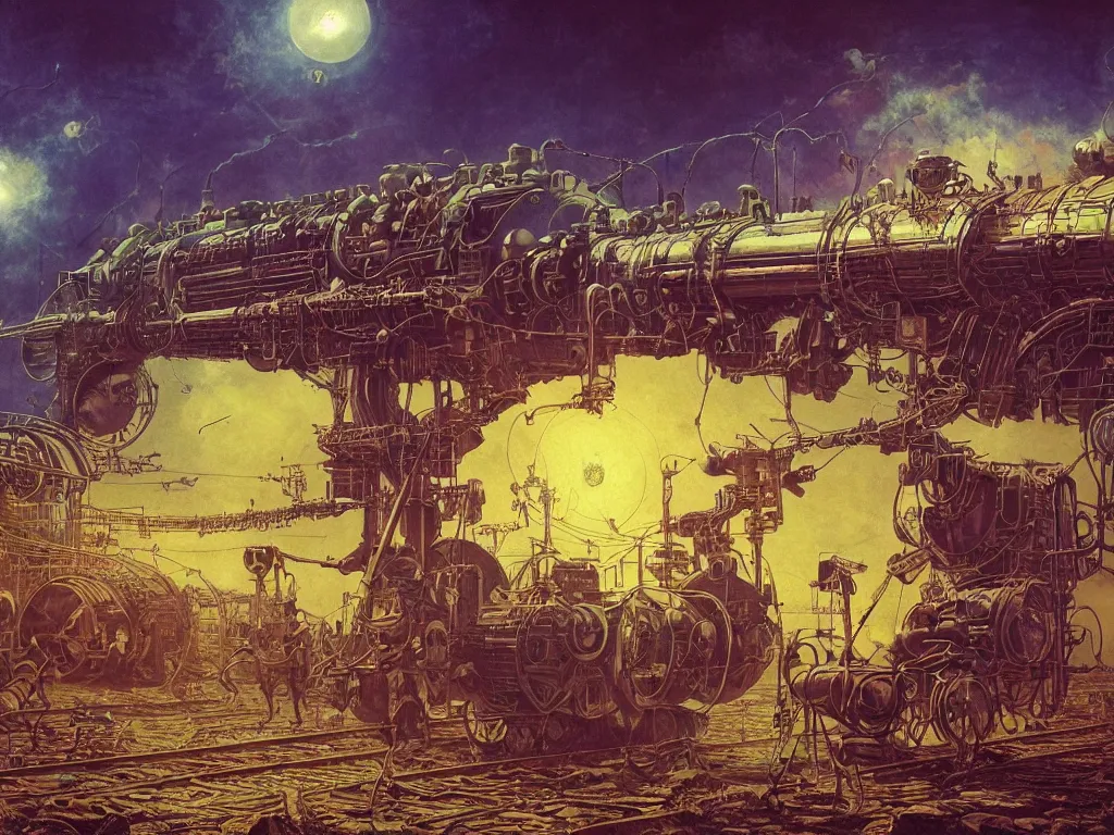 Image similar to solar-punk war train, vacuum tube-punk, electron tube-punk. 8k resolution concept art hyperdetailed trending on Artstation Unreal Engine hyperrealism psychedelic art synthetism. Futurism by beksinski carl spitzweg moebius and tuomas korpi. baroque elements. baroque element. intricate artwork by caravaggio