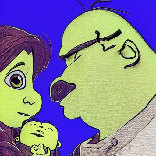 Prompt: beautiful portrait of shrek kissing a minion, concept art by yoji shinkawa, felt tip pen, intricate detail, sharp focus, illustration