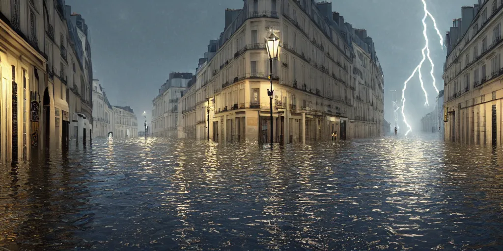 Prompt: Flooding in Paris, old city , big waves, Photo realistic, octane render, rain, lightning