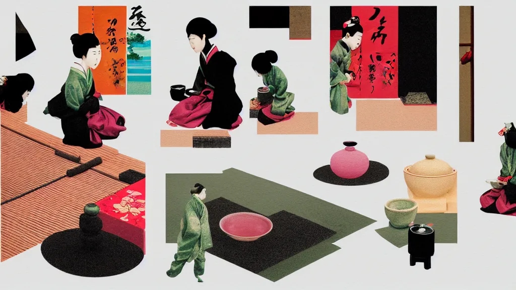 Image similar to a tea ceremony, japan, a collage painting, in the style of wes anderson, lola dupre, david hockney, isolated on negative white space background dark monochrome neon spraypaint accents volumetric octane render