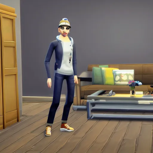 Image similar to anthropomorphic grey fox dressed in casual clothing, character in The Sims 4, indoors, in game screenshot