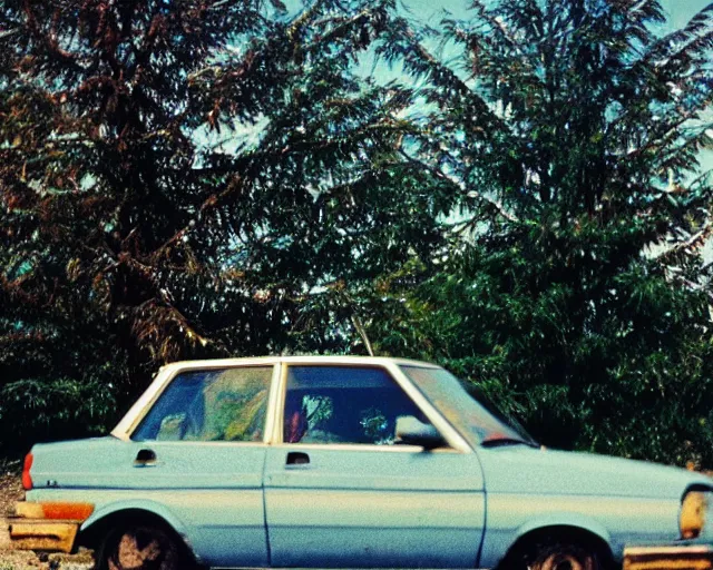 Image similar to a lomographic photo of old lada 2 1 0 7 standing in typical soviet yard in small town, hrushevka on background, cinestill, bokeh