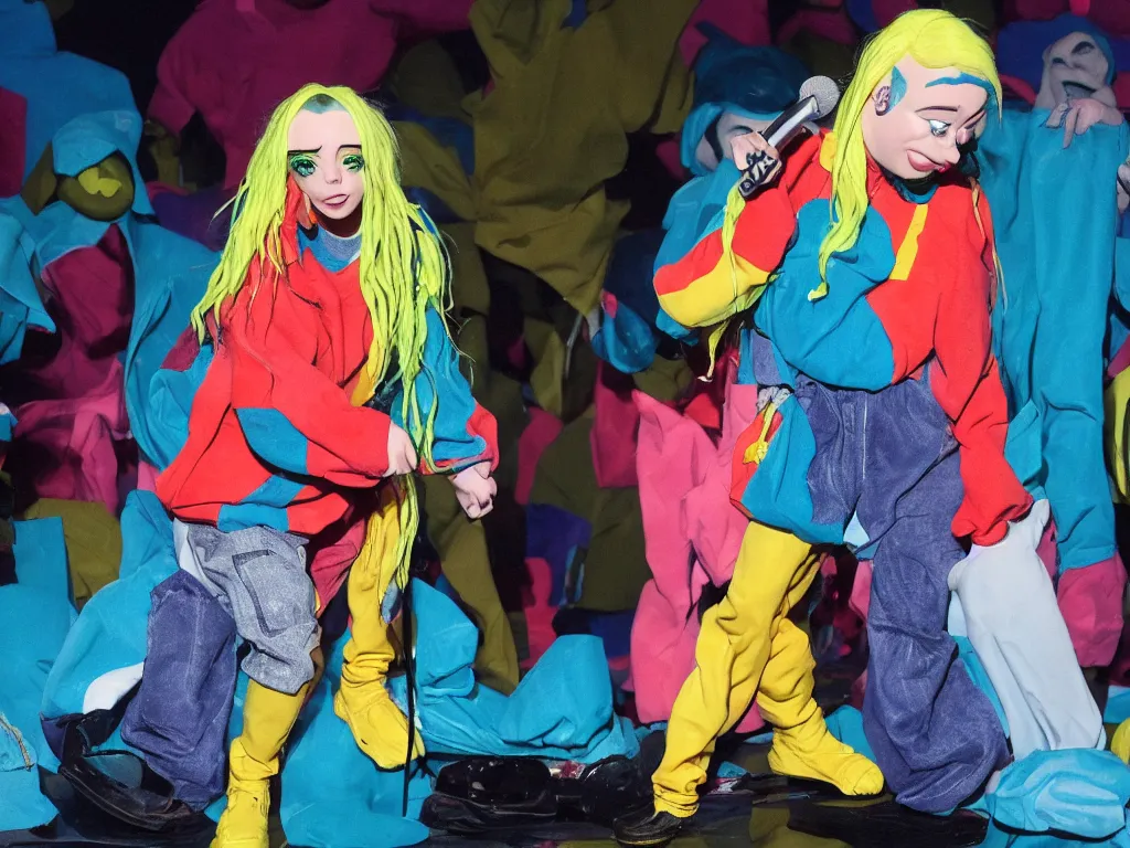 Prompt: billie eilish as a claymation character on stage