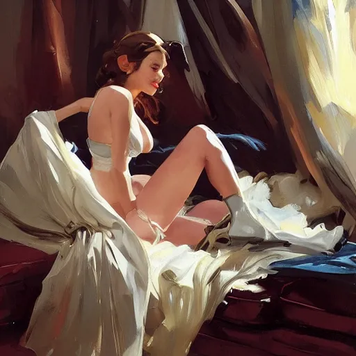 Prompt: portrait of kelly brook reclining on a couch greg manchess painting by sargent and leyendecker, studio ghibli, fantasy, medium shot, asymmetrical, intricate, elegant, matte painting, illustration, hearthstone, by greg rutkowski, by greg tocchini, by james gilleard, by joe fenton