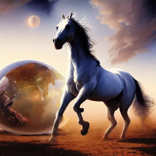 Prompt: the horse is a sphere, in a space vacuum, hyperrealism, no blur, 4 k resolution, ultra detailed, style of ron cobb, adolf hiremy - hirschl, syd mead, ismail inceoglu, rene margitte