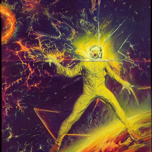 Prompt: portrait of a scientist in hazmat suit falling into the crab nebula by frank frazetta