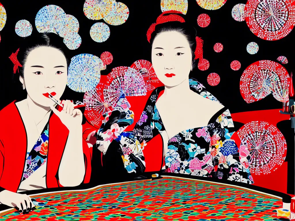 Image similar to hyperrealistim composition of the detailed single woman in a japanese kimono sitting at a extremely detailed poker table with darth vader, fireworks, river on the background, pop - art style, jacky tsai style, andy warhol style, acrylic on canvas