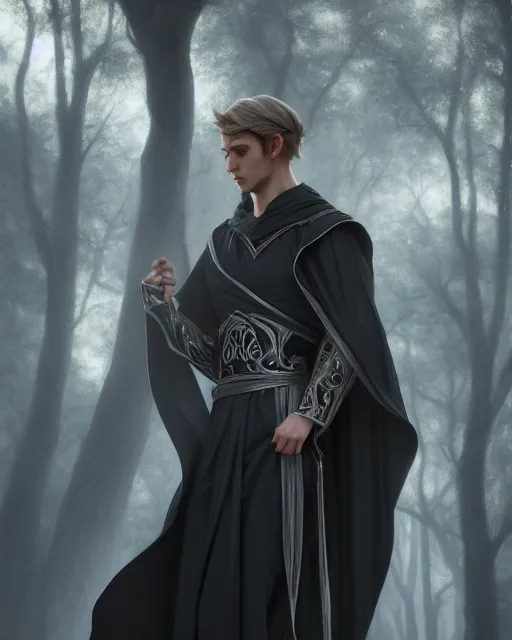 Prompt: portrait, beautiful male elf, long hair, elegant, super detailed, light black robes with silver accenting, silver very ornate jewelry, cape, 8 k, cinematic, backlight, octane render, dusk, trees, warm lighting, artstation, greg rutkowski, rossdraws, william bouguereau, sharp focus